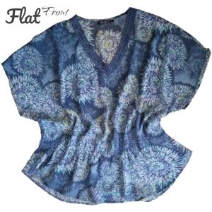 a.n.a V-neck Sheer Top Kimono Sleeve Peplum Style Pullover Size 1X Blue EUC